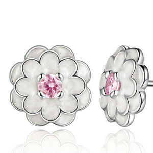 White Flower 3MM Pink CZ Center Enamel 925 Silver
